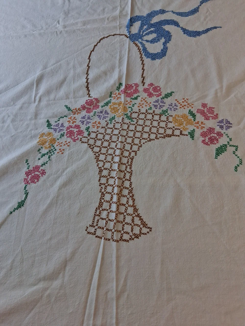 Vintage Large Basket Of Flowers Tablecloth 74x102